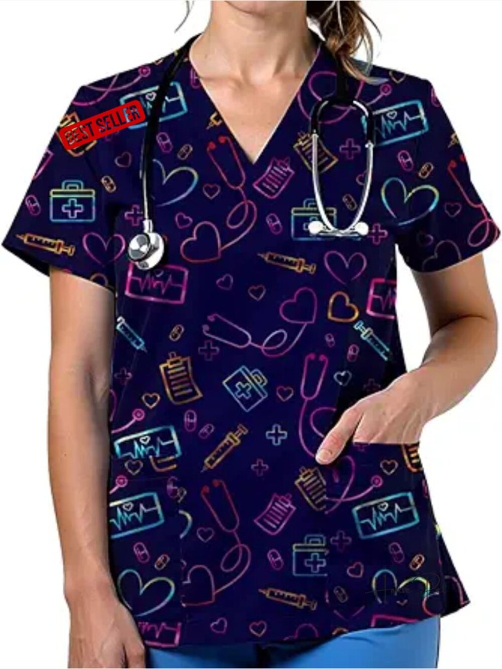V Neck Cute Printed Scrub Top With 2 Pockets Medical Uniform